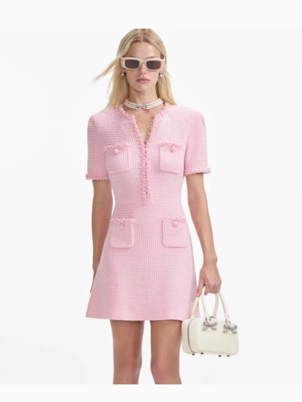 Self-Portrait Pink Textured Knit Mini Dress